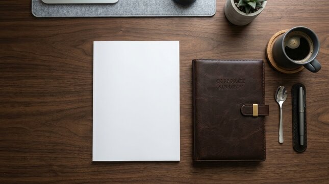 Minimalist desktop workspace layout featuring empty white notebook beside brown leather bound