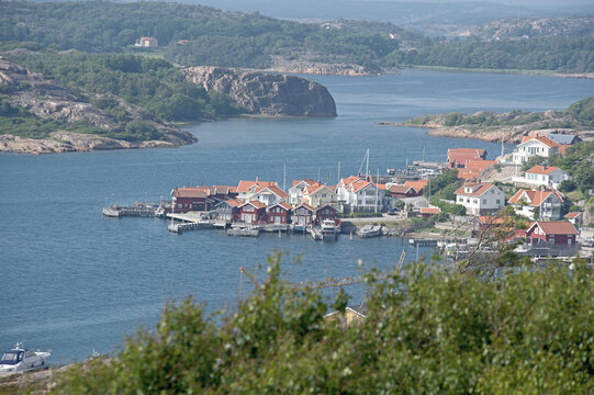 Coastal village and moored boats seen from above in Sweden