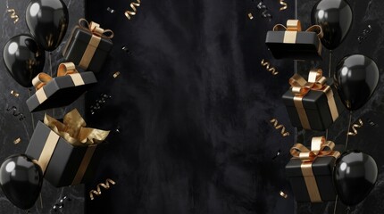 Obraz premium Elegant black gift boxes and shiny balloons floating against a dark marble texture background