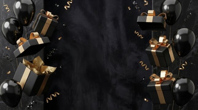 Elegant black gift boxes and shiny balloons floating against a dark marble texture background