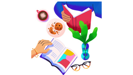 Top view of people reading books with coffee, cookies, and plant on a table vector illustration