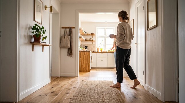 Woman walking through a bright home hallway carrying a coffee mug
