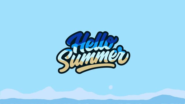 A stylized 'Hello Summer' text graphic with a beach wave effect, set against a bright blue sky and subtle mountain silhouette, conveying a vibrant and cheerful seasonal mood