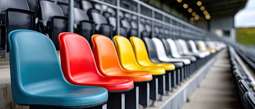 Colorful plastic seats arranged in rows inside a stadium with sharp focus on the closest seats and a blurred background of additional seats