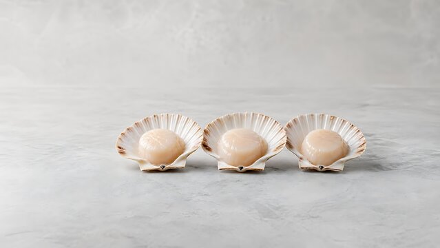 Fresh raw scallops presented in natural open seashells on marble surface representing fine seafood