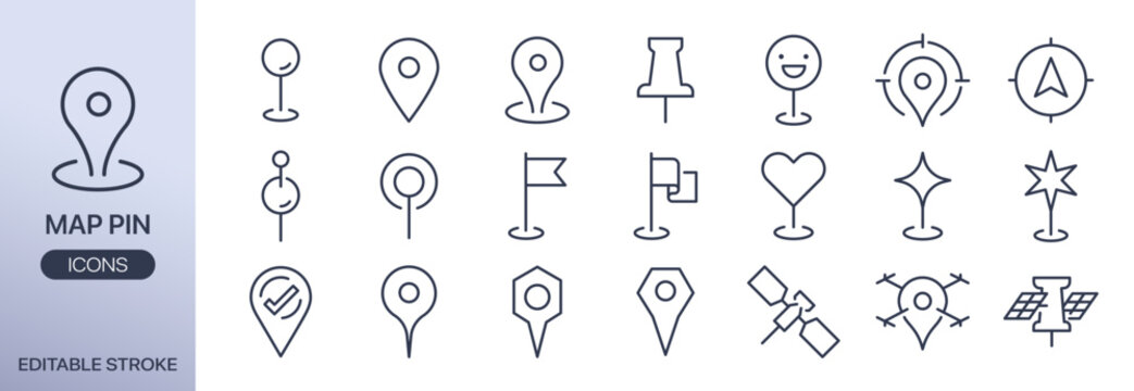 Map pin vector icon set. It includes map marker, position, destination, and more icons. Editable Vector Stroke.