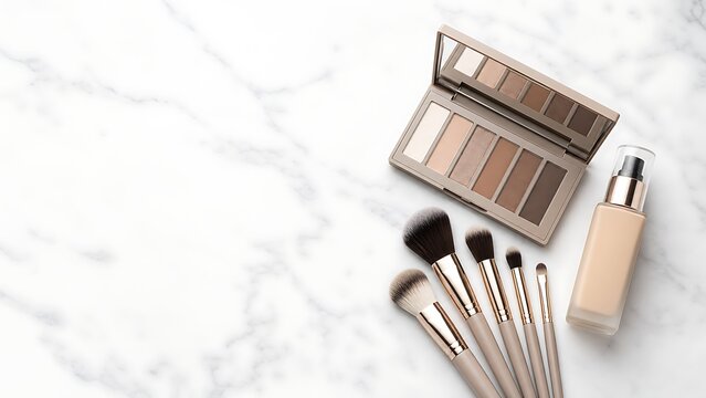 Eyeshadow palette liquid foundation bottle and makeup brushes on white marble depicting beauty tools