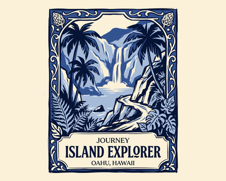 Oahu Hawaii island explorer travel poster. Vintage tropical landscape with waterfall and palm trees. Retro journey vector illustration.