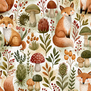 Woodland Fox And Mushroom Pattern On Cream Background