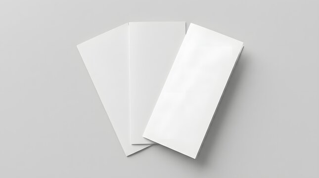 Top view of three blank white dl flyers arranged in a fan shape on a light grey background