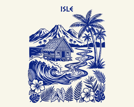 Tropical island vintage vector illustration. Blue beach scene with palm trees and ocean waves. Summer holiday resort mountain cabin graphic.