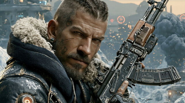 Armed Man Holding Rifle Against Smoky Future City
