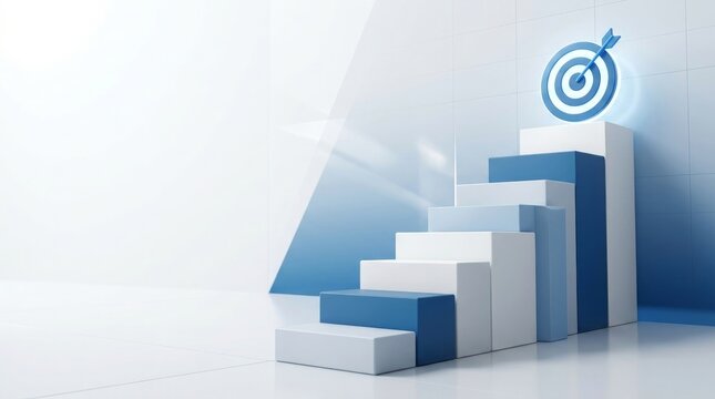 Blue and white staircase leading to a glowing target symbol representing strategic business success
