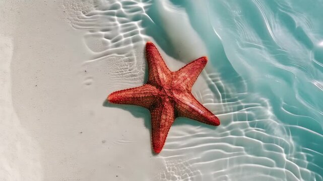 Red starfish resting in crystal clear tropical water with sunlight reflections, serene summer beach and marine life concept