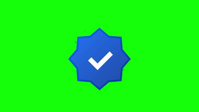 Blue verification badge with a white checkmark centered on a vibrant green screen background, representing confirmation and approval for digital content
