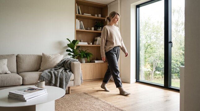 Young woman walking through modern bright living room wearing cozy sweater