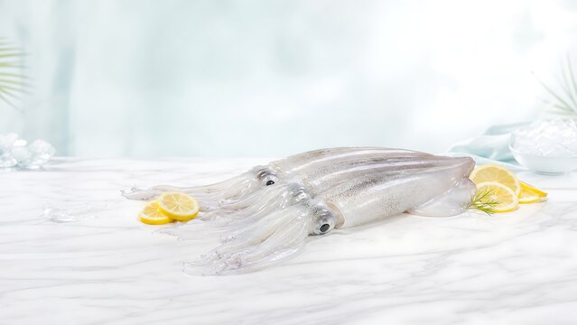 Fresh raw whole squids with lemon slices and ice on marble table highlighting premium seafood market