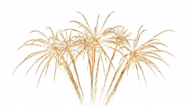 Esplosione di fuochi d'artificio dorati isolati su uno sfondo bianco puro.