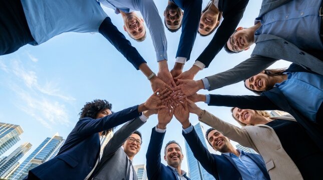 Diverse business professionals joining hands together in a circle under a clear bright sky