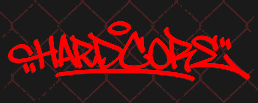 Hardcore graffiti tag shows hand style lettering with halo symbol on dark background layout. Urban street art typography wordmark for heavy punk rock band merchandise apparel design clip art.