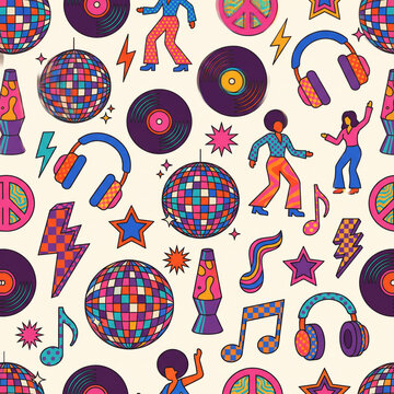 Disco Fever Retro Pattern: A vibrant and energetic pattern reminiscent of the disco era, featuring dancing figures, vinyl records, disco balls, headphones, peace signs, lightning bolts, musical notes.