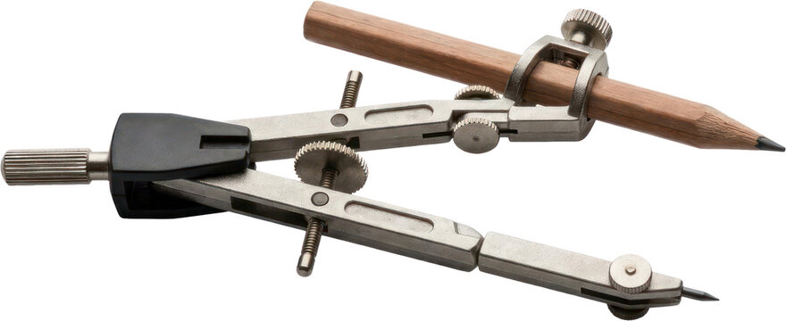 Precision metal drafting compass with graphite pencil.