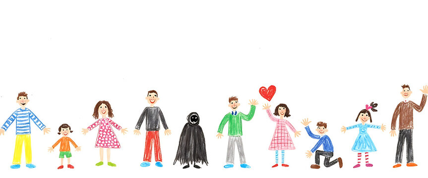 Colorful crayon drawing of diverse people and figures standing together in a line, celebrating unity and community spirit.