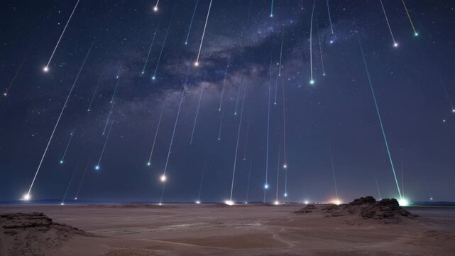 Surreal meteor shower over desert landscape at night with milky way galaxy 4K Ai HD high quality video.