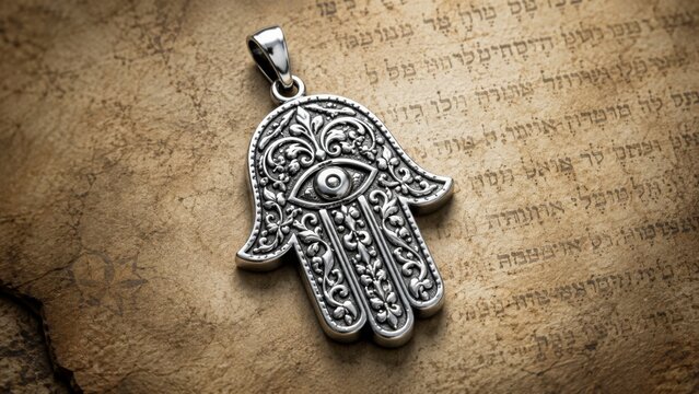 Silver hamsa pendant lying on ancient hebrew scroll. Protective amulet symbol with eye detail. Cultural heritage and religious object for spiritual reflection. Jewish jewelry tradition.