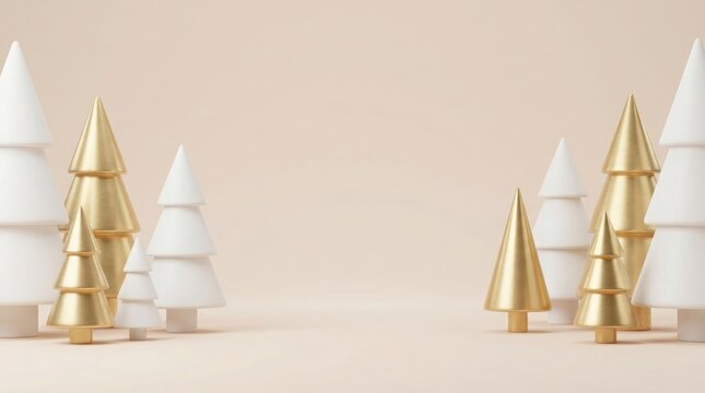 Minimalist festive composition featuring elegant gold and white conical trees on soft beige