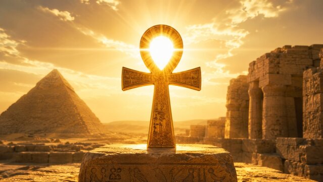 Golden ankh symbol standing on stone pedestal in desert. Ancient Egyptian cross representing life and immortality. Historical monument at sunset with pyramid and temple in background.