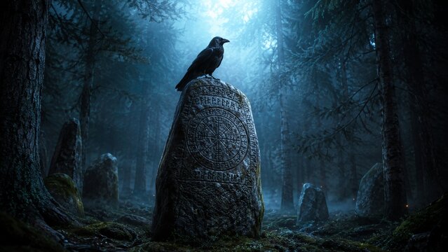 Black raven sitting on ancient runestone in dark foggy forest. Mythological stone with celtic symbols in mysterious woodland. Folklore concept of magic, occultism and historical relic.
