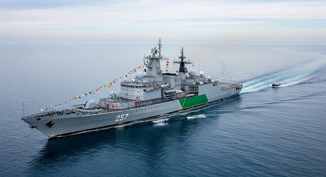 Modern grey naval destroyer ship number 257 cruising on calm blue ocean with signal flags and escort boat.