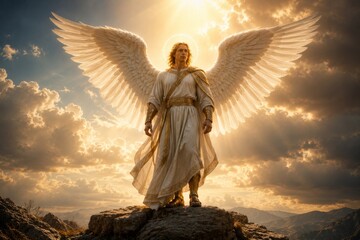 Obraz premium Angel man with large white wings standing on mountain top. Divine celestial being in golden glowing light. Religious spiritual figure, symbol of hope, peace and protection from heaven.