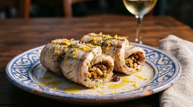 Sicilian swordfish involtini with herbs, pine nuts, raisins and lemon zest in a Mediterranean restaurant.