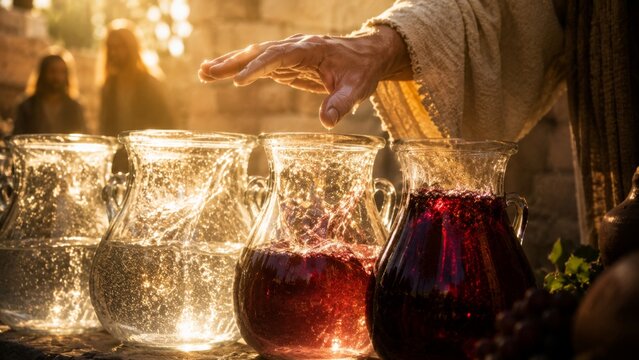 Jesus turning water into wine in a glass jar. Biblical scene of a miracle. Spiritual event from the New Testament. Religious symbolism of faith, transformation, and divine blessing.