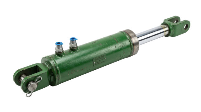 Heavy Duty Green Hydraulic Cylinder with Chrome Rod and Clevis Mounts for Industrial Machinery PNG Isolated on transparent background