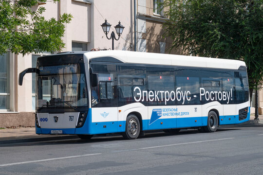 ROSTOV-ON-DON, RUSSIA - JULY 12, 2026: Electric bus KAMAZ-6282 is close-up of a street on a sunny summer day. Rostov-on-Don