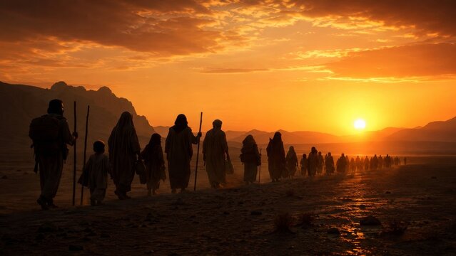 Group of man woman and child walking through desert during sunset. Refugees migrating across dry landscape. Journey of pilgrimage. People traveling together under golden sky horizon.