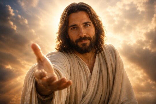 Man representing Jesus Christ reaching out with hand. Spiritual figure in historical robe against sunset sky. Concept of faith, salvation, hope, grace, and divine guidance for believer.