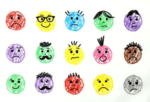 Assortment of crayon drawings showcasing diverse emotions on circular faces arranged in a clean grid, vibrant and playful artwork.