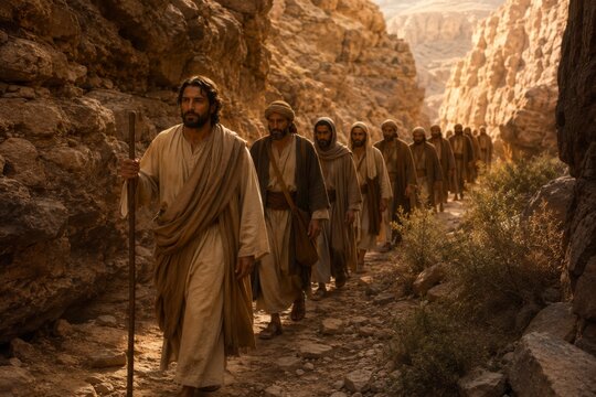 Group of men in ancient clothing walking through a desert canyon. Religious pilgrims traveling along a path. Historical journey in the wilderness representing faith and biblical tradition.