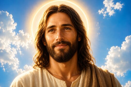 Portrait of Jesus Christ with a glowing halo against a bright blue sky with clouds. Religious figure representing peace, love, and salvation. Christian spiritual artwork for faith.
