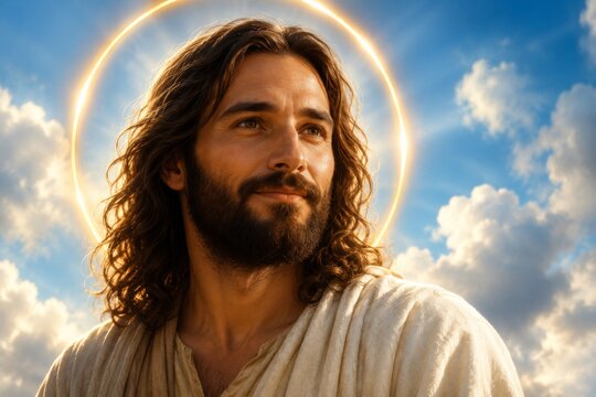 Jesus Christ with glowing halo against blue sky with clouds. Religious figure portrait representing divinity, peace, and spiritual salvation. Inspirational christianity worship concept.