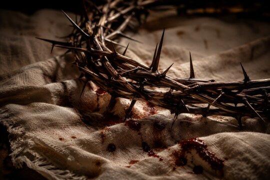 Crown of thorns with blood on linen cloth. Christian religious symbol of the passion of Jesus Christ. Concept of sacrifice, suffering and redemption for Good Friday or Easter holiday.