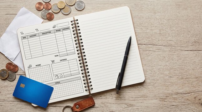 Budgeting Essentials: A notebook with a budget planner, coins, a credit card, and a pen lay on a wooden desk, illustrating financial planning and management.