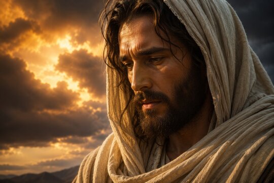 Jesus Christ wearing a linen robe stands against a dramatic sunset sky. Portrait of a religious figure showing deep emotion. Christian spiritual concept for prayer and worship.
