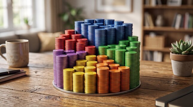 Colorful Pie Chart Cake: A visually striking cake shaped like a pie chart, constructed from colorful stacking cylinders, sits on a wooden table in a well-lit room.