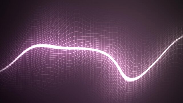 Abstract glowing energy wave moving across a purple background with subtle wavy lines, representing data, sound, or technology visualization.