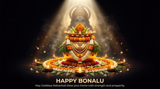 Elaborate bonalu offering with goddess mahankali and oil lamps, celebrating indian festival hindu